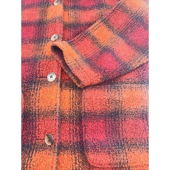 Eddie Bauer Long Sleeve Orange Red Blue Plaid Fleece Shacket Lined Button Up M - Picture 4 of 9